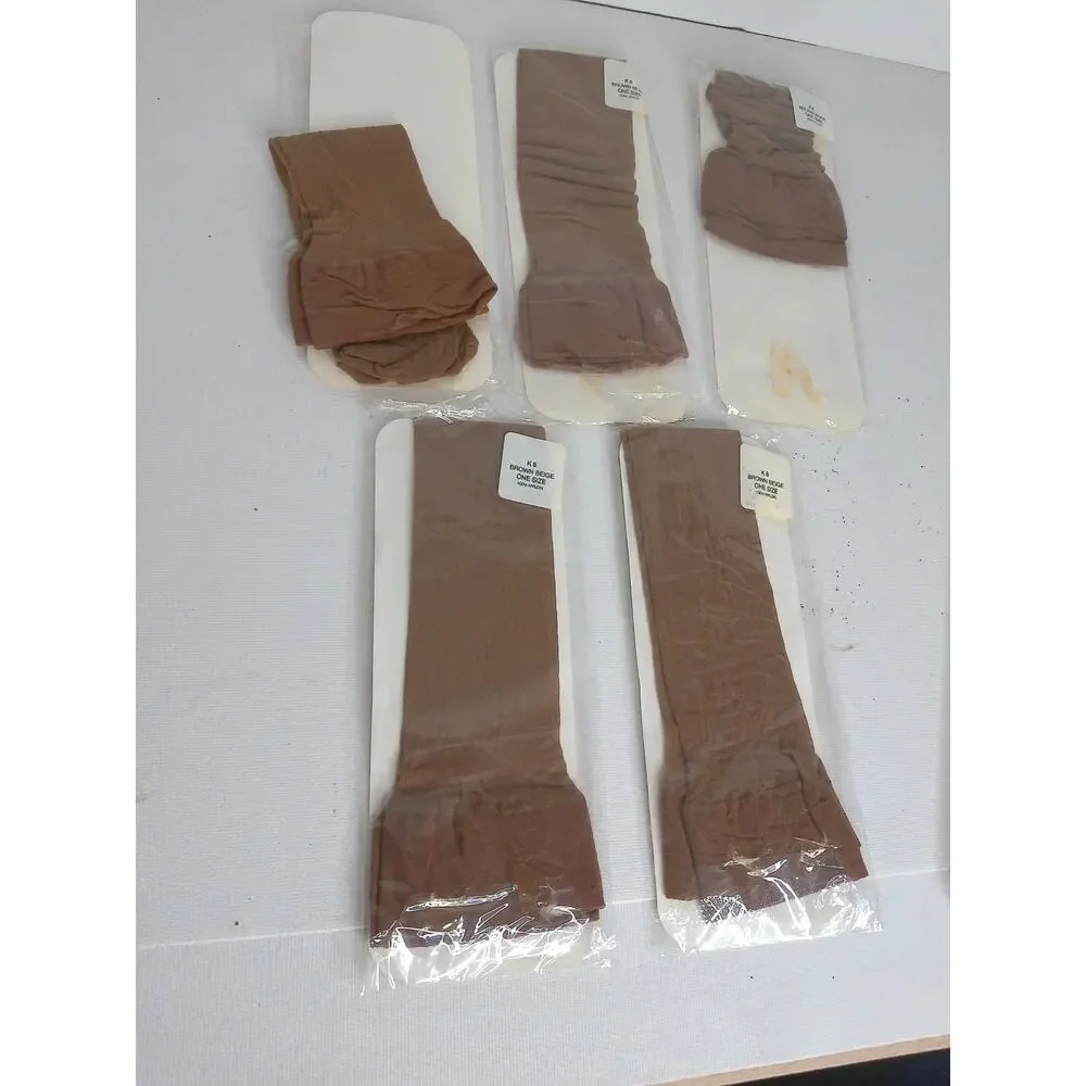 Vintage 1970s 1980s Knee High Stockings Brown Beige Nylon Socks Lot of 5